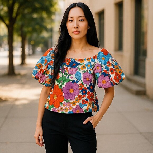 H&M Off The Shoulder Puff Sleeve Floral Print Top- size 8 - Picture 3 of 9